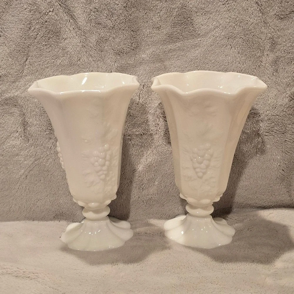 Vintage Westmoreland Milk Glass Beaded Grape Scalloped Footed Bud Vases Set of 2